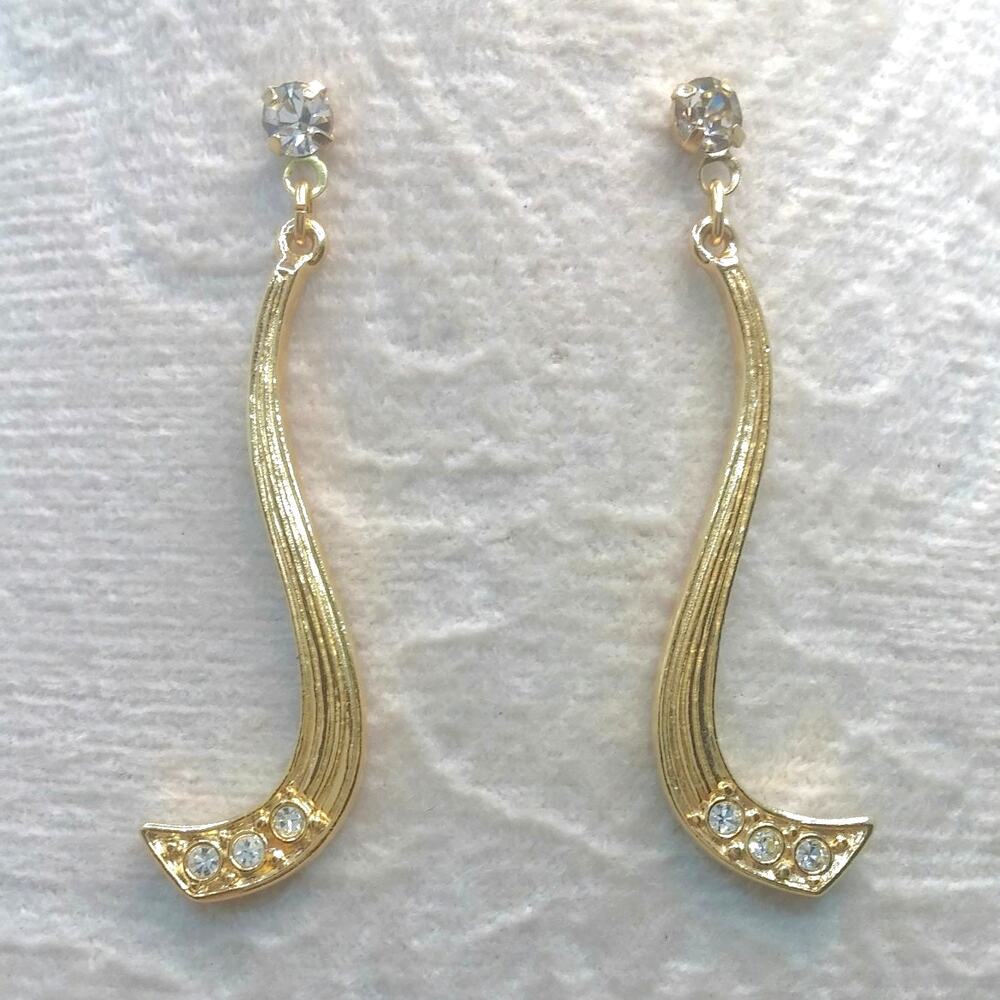 Vintage Avon Gala Earrings Gold Tone Drop Rhinestones 80s Wave S-Curve Pierced